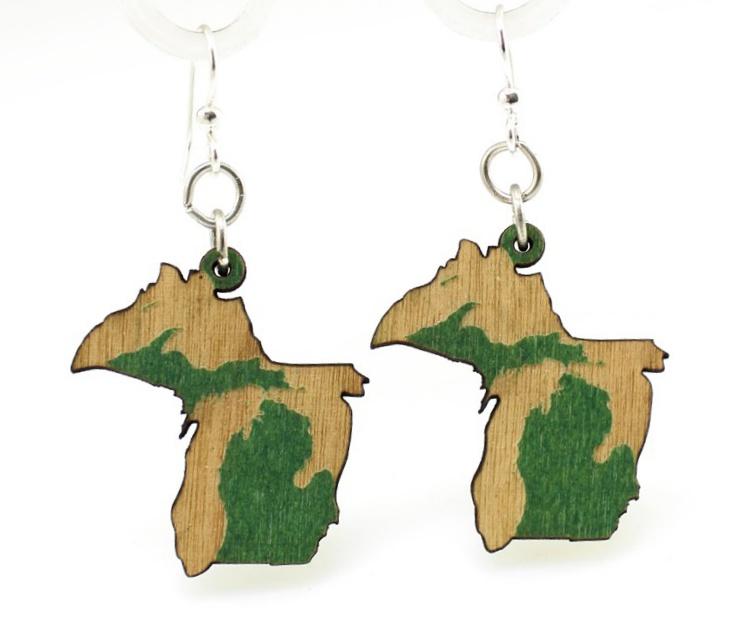 Michigan State Earrings S022 made from lightweight laser-cut wood in vibrant green color, featuring hypoallergenic silver-finished ear wires.