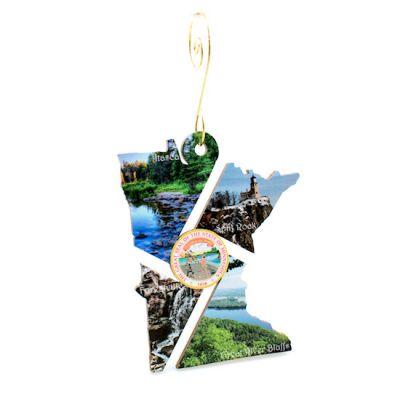 Minnesota Scenic Ornament #S923 featuring detailed images of Hades River, Split Rock, Forestville, and Great River Bluffs, shaped like the state of Minnesota.