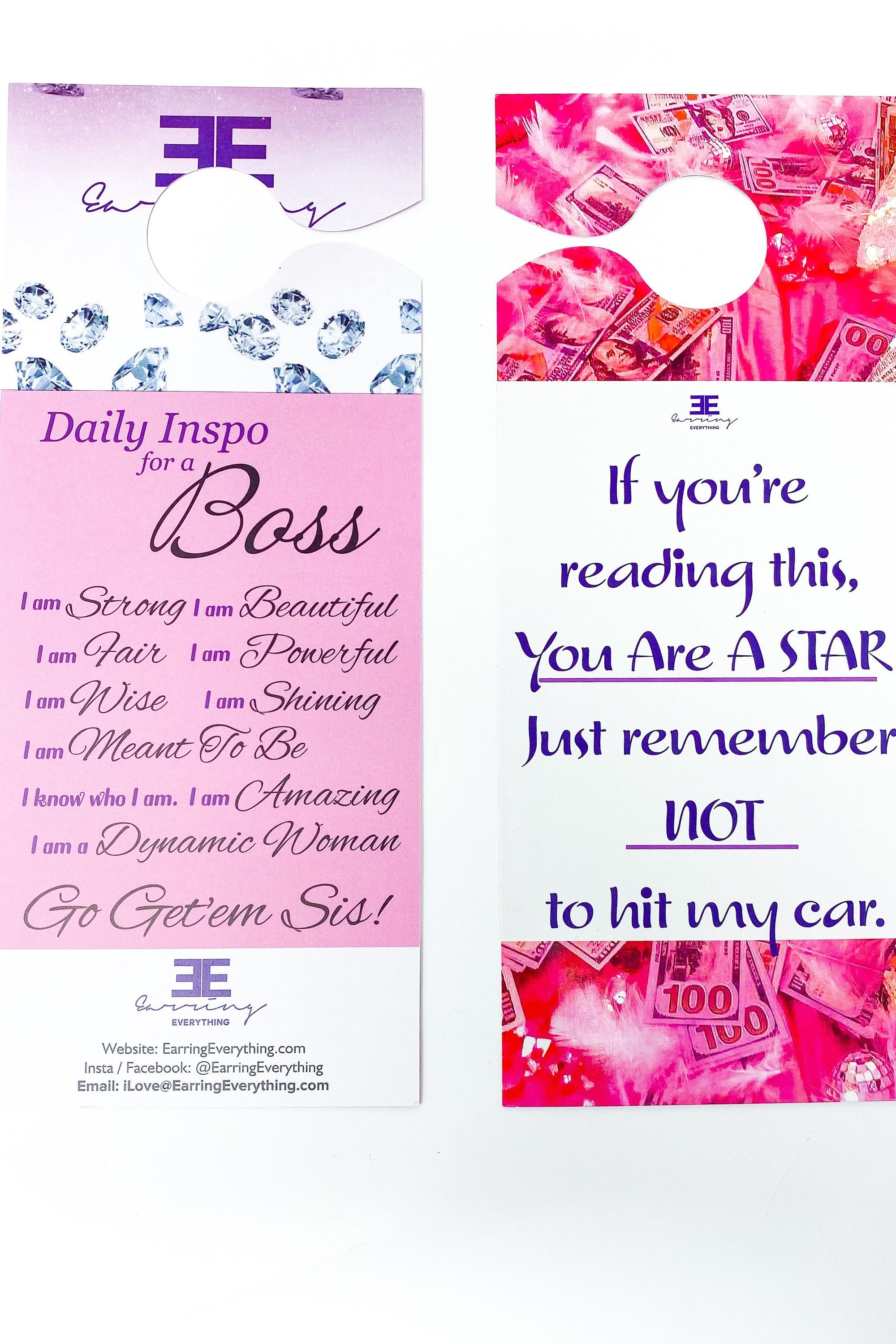 A colorful motivational mirror tag designed for women, featuring inspirational text and available in white, pink, and purple colors.