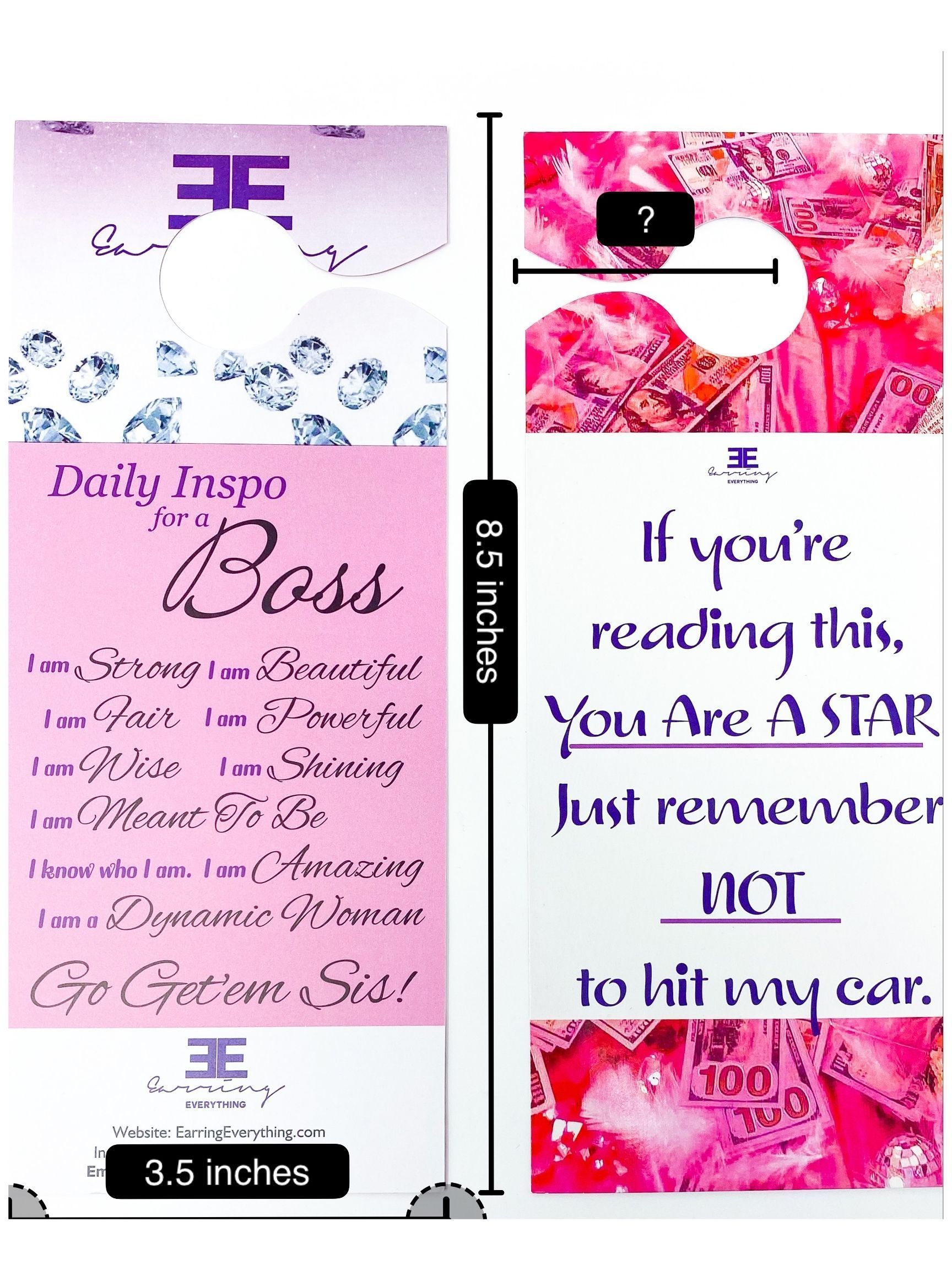 A colorful motivational mirror tag designed for women, featuring inspirational text and available in white, pink, and purple colors.