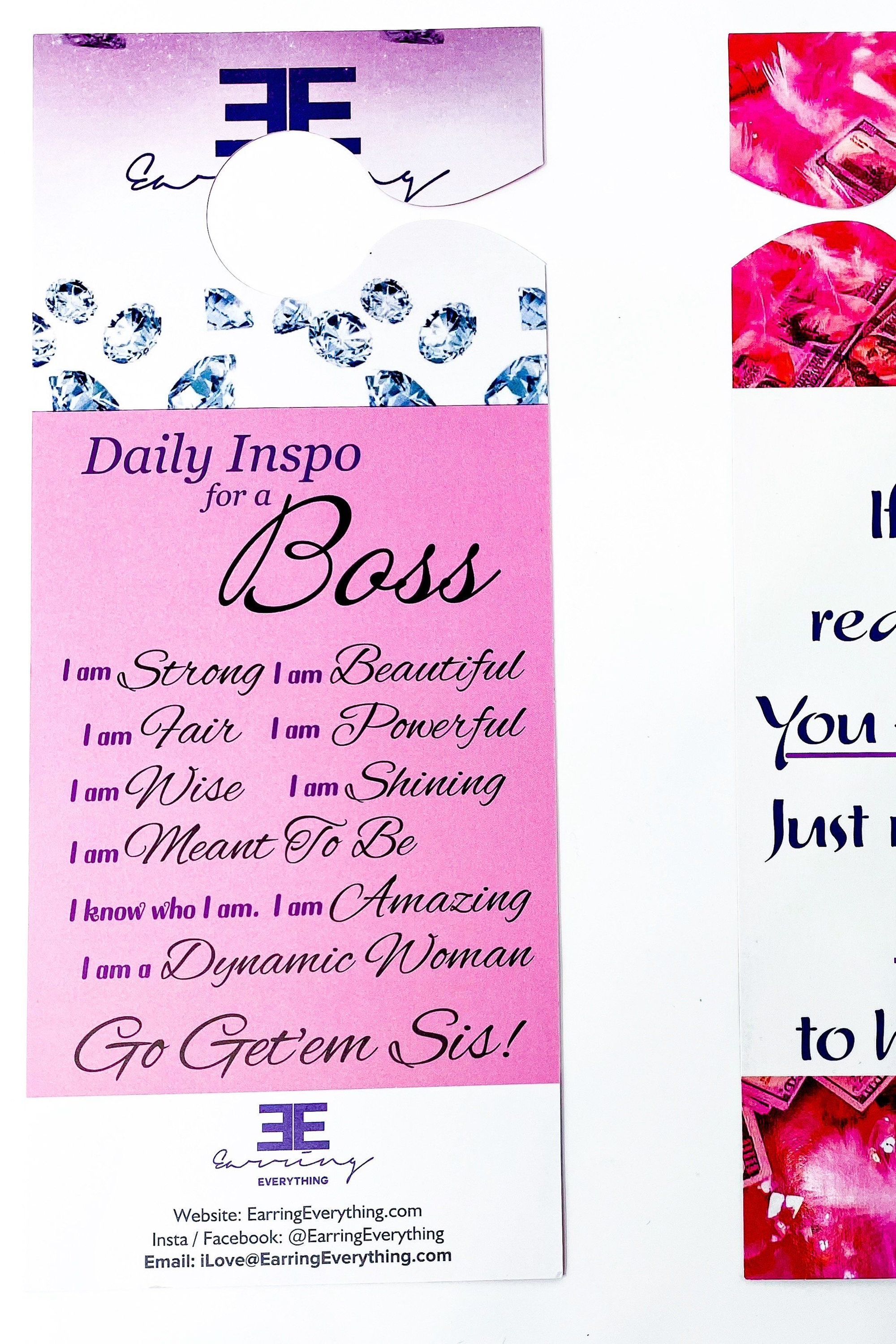 A colorful motivational mirror tag designed for women, featuring inspirational text and available in white, pink, and purple colors.