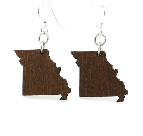 Missouri State Earrings made from lightweight laser-cut wood, featuring a brown color and hypoallergenic stainless steel ear wires.