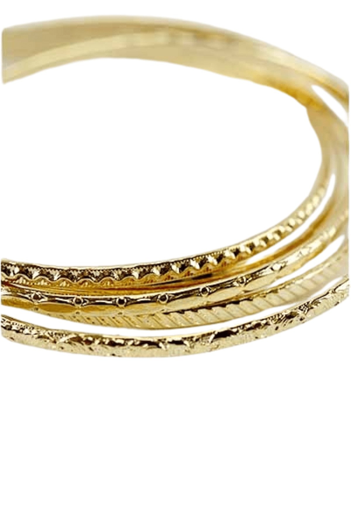 A stylish set of five mix pattern metal bangles with a double plated finish, showcasing intricate designs and a comfortable fit.