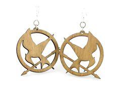 Mocking Jay Earrings #1441 made from sustainably sourced wood, featuring a laser-cut design and hypoallergenic silver-finished ear wires in tan color.