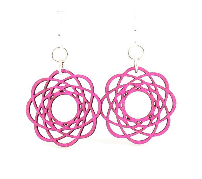 Molecular Blossoms #141 earrings in vibrant Fuchsia color, made from sustainably sourced wood with intricate laser-cut design.