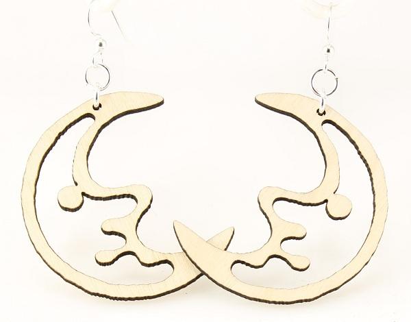 A pair of elegant Moon Earrings #1293 made from sustainably sourced wood, featuring silver-finished hypoallergenic ear wires and a natural wood finish.