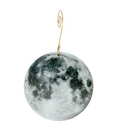 Moon Ornament #9936 made from sustainably sourced wood, featuring a laser-cut design with a celestial image on the front and a natural wood back.