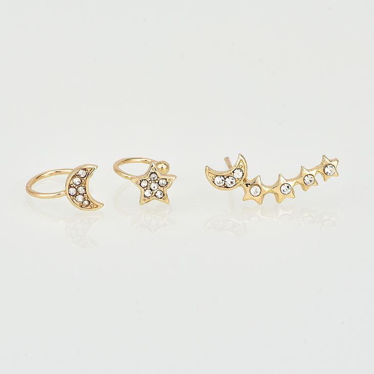 Moon & Star Earring and Cuff Set featuring two cuffs and one crawler, designed for an asymmetrical look with sparkling crystals.