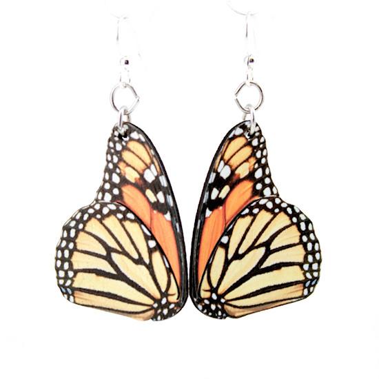 A pair of Monarch Butterfly Earrings featuring a vibrant butterfly design made from sustainably sourced wood with silver-finished stainless steel ear wires.