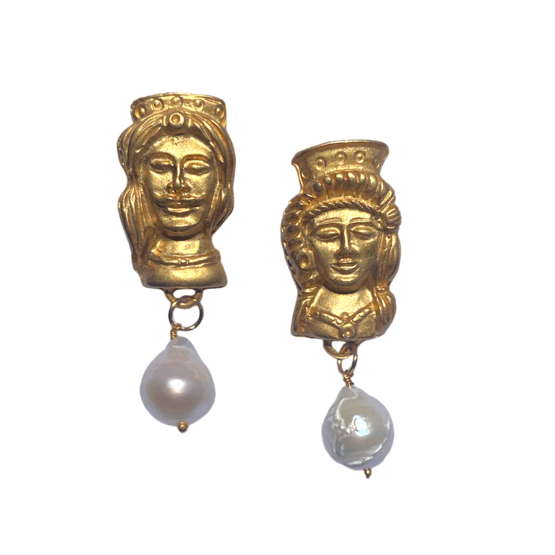 Handcrafted Moor's Head Earrings made of brass and natural pearls, showcasing intricate design inspired by Sicilian culture.