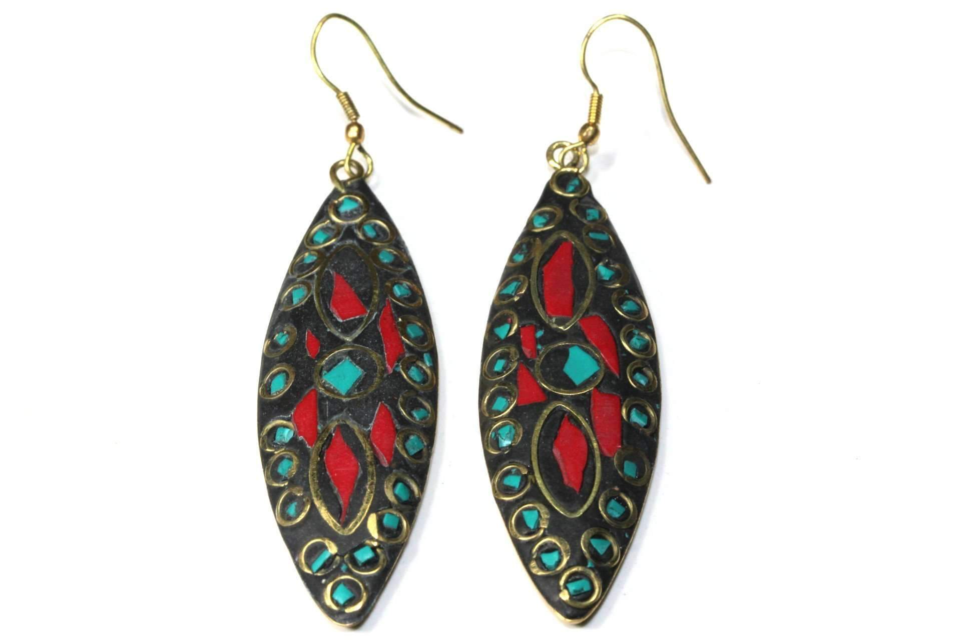 Handmade Mosaic Marquise Silhouette Earrings featuring colorful chip inlay with gold tone design.