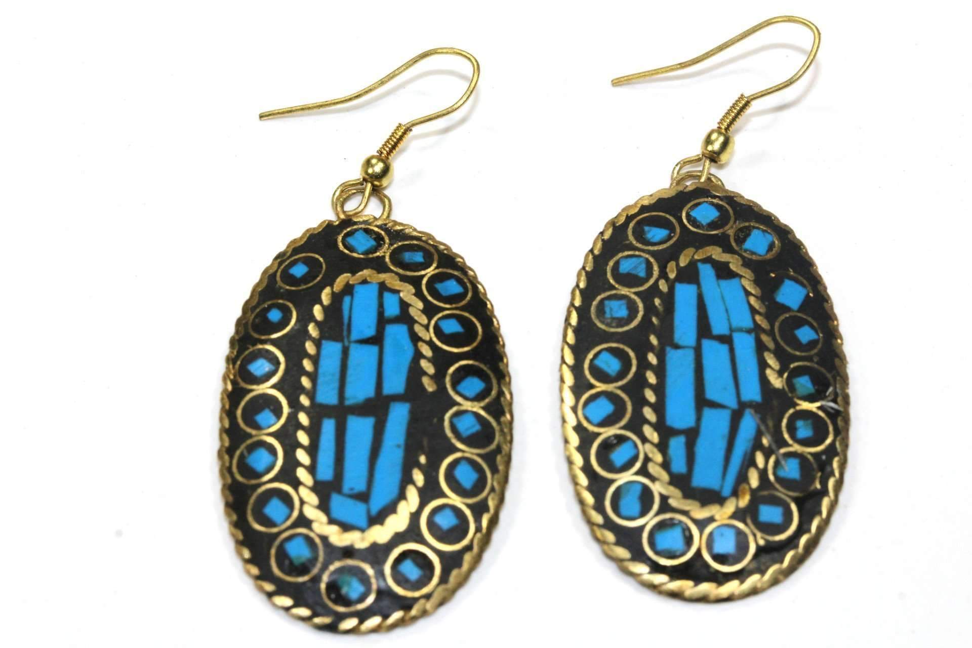 Handmade Mosaic Oval Earrings featuring colorful chip inlay and shiny golden accents, showcasing a unique and vibrant design.