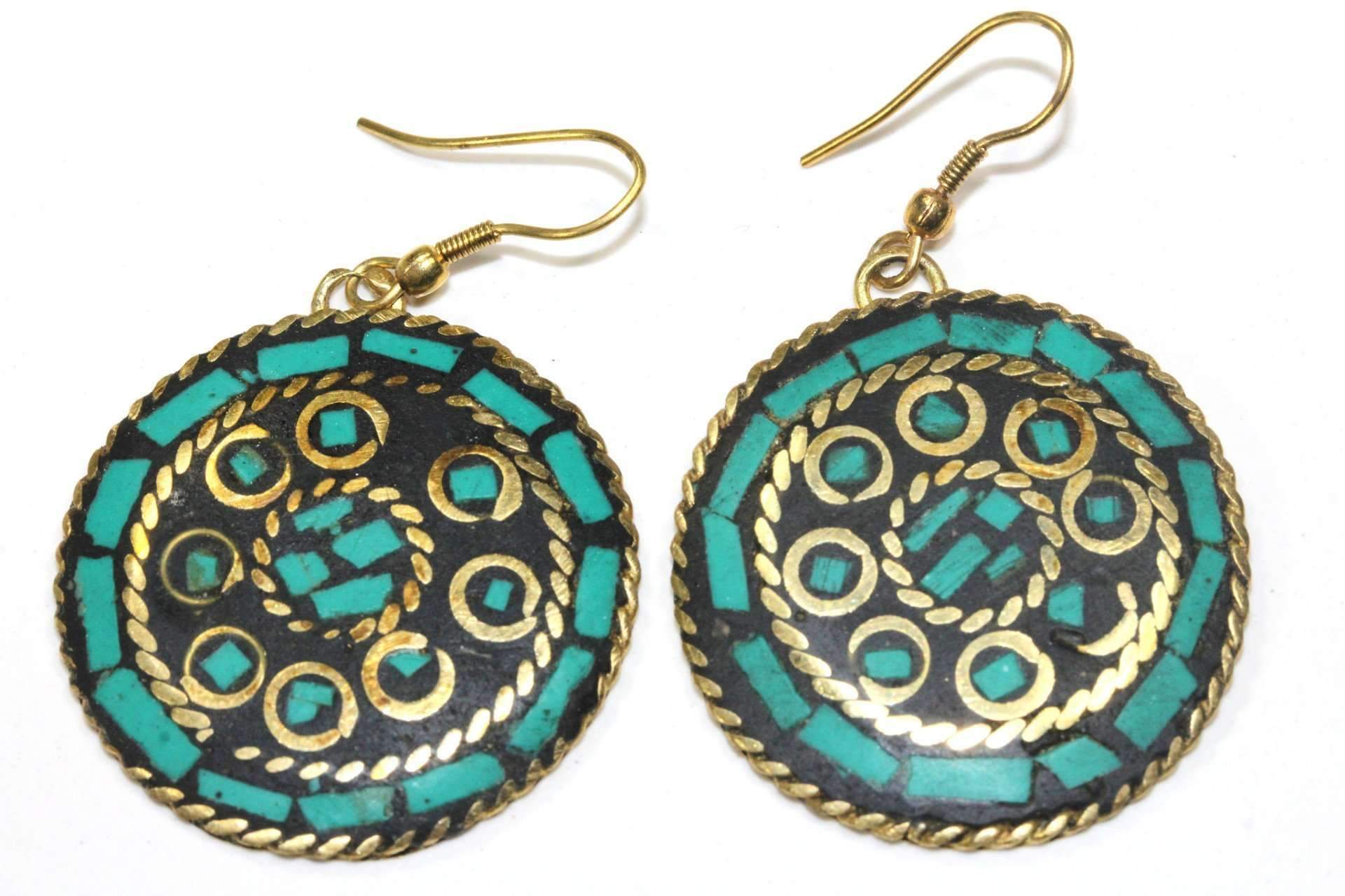 Handmade Mosaic Round Earrings featuring colorful chip inlay and gold tone finish, showcasing a unique and elegant design.