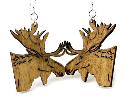 A pair of tan Moose Earrings #1273 made from sustainably sourced wood, featuring a laser-cut design and hypoallergenic stainless steel ear wires.