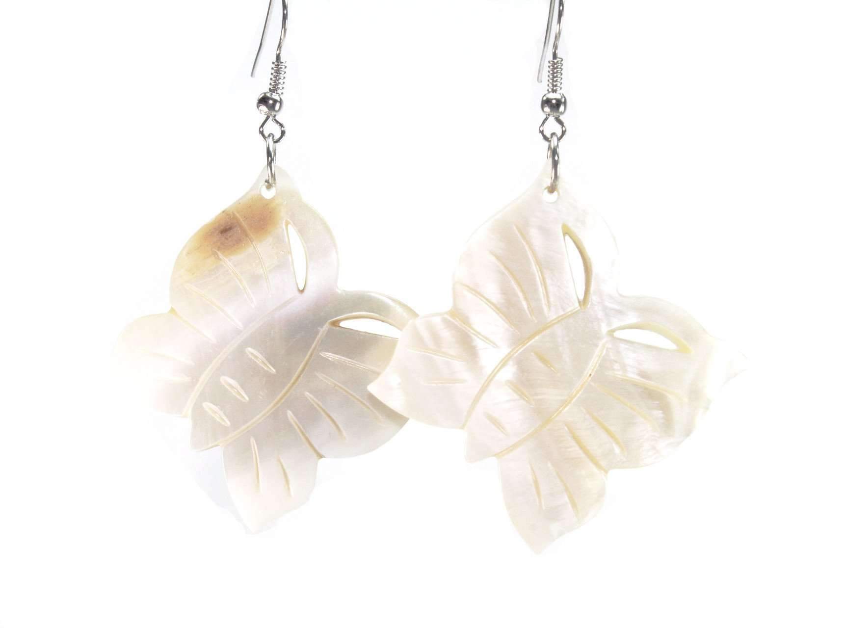 Elegant mother of pearl carved butterfly earrings with two-tone design, showcasing natural brown hues and intricate detailing.