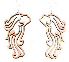 Mother Wind Earrings #1137 featuring a unique design of a woman with flowing hair, made from sustainably sourced wood and hypoallergenic stainless steel.