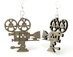 Gray movie camera earrings made from sustainably sourced wood with stainless steel ear wires, showcasing a unique laser-cut design.