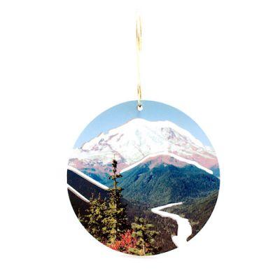 Mt. Rainier Ornament #S989 made from eco-friendly birch wood or recycled paper, featuring intricate laser-cut design and glossy finish.