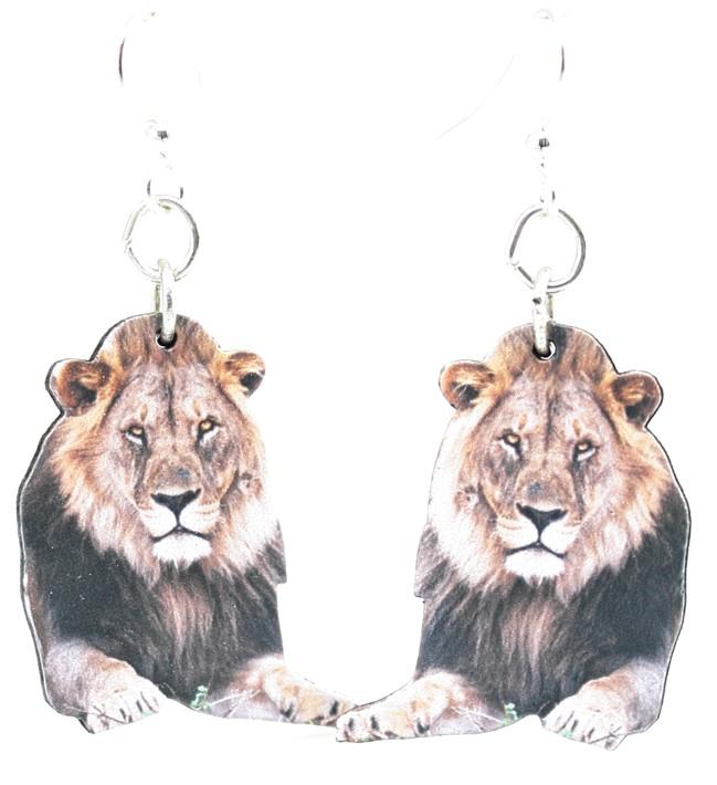 A pair of Mufasa Lion Earrings made from sustainably sourced wood, featuring a laser-cut lion design with a natural wood back and silver-finished hypoallergenic ear wires.