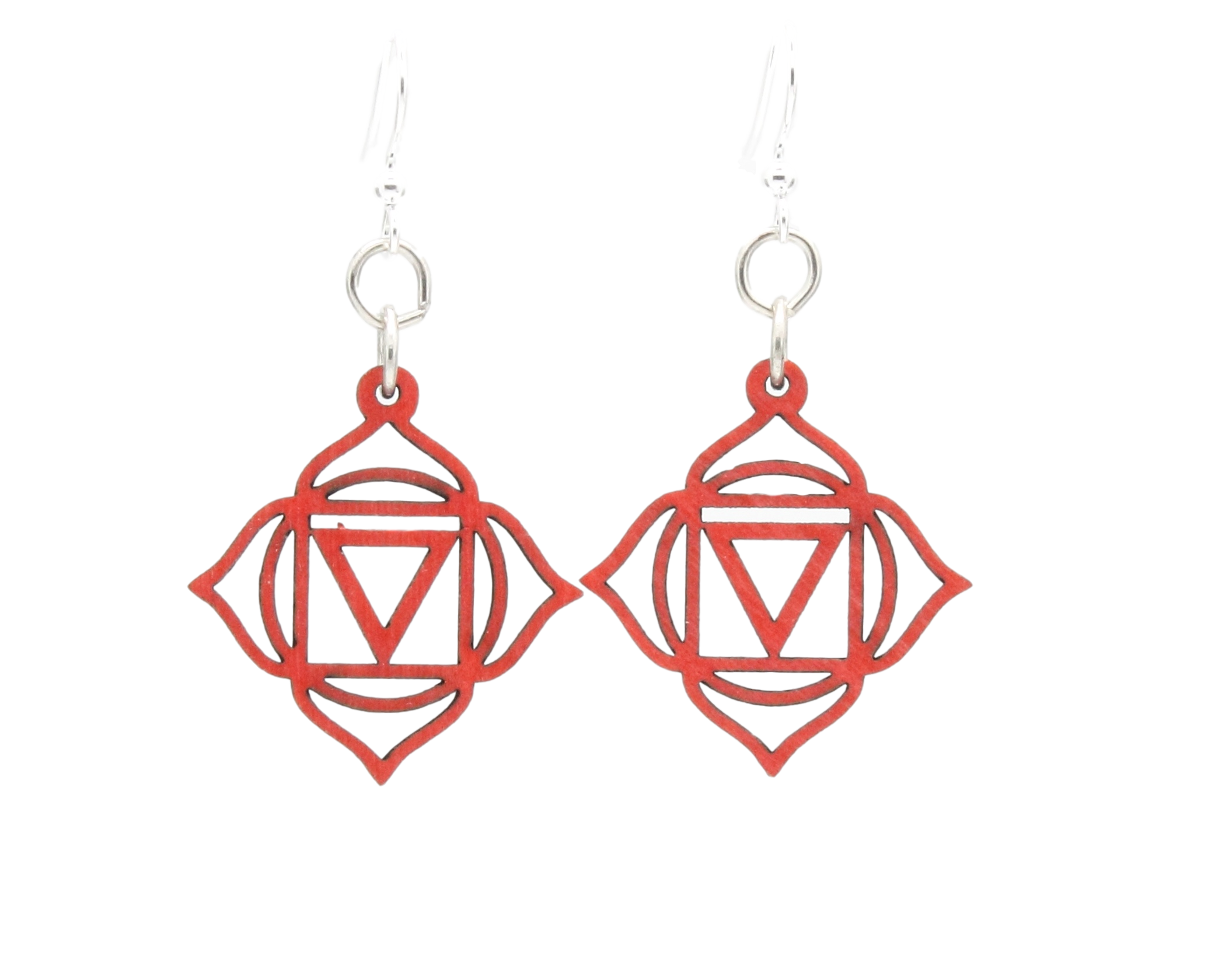 Muladhara Chakra Earrings #1636 in Cherry Red, made from sustainably sourced wood with silver-finished stainless steel ear wires.