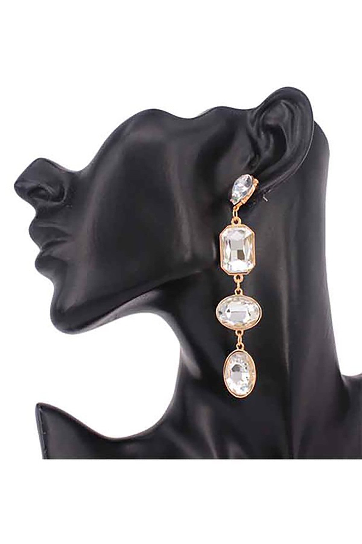 Elegant Multi Shape Crystal Post Earrings with a 3.5-inch drop, showcasing various crystal shapes.