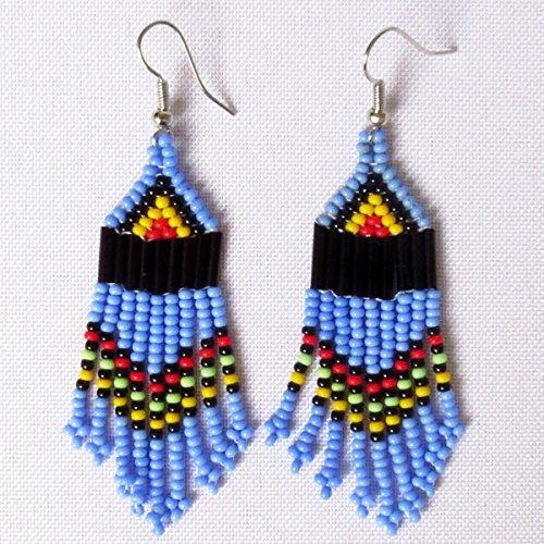 Handcrafted Maasai blue earrings featuring vibrant beads, showcasing intricate beadwork and a lightweight design, perfect for any occasion.