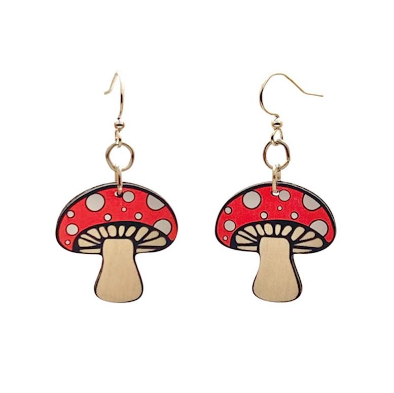 A pair of stylish Mushroom Earrings made from sustainably sourced wood, featuring a laser-cut design and silver-finished hypoallergenic ear wires.