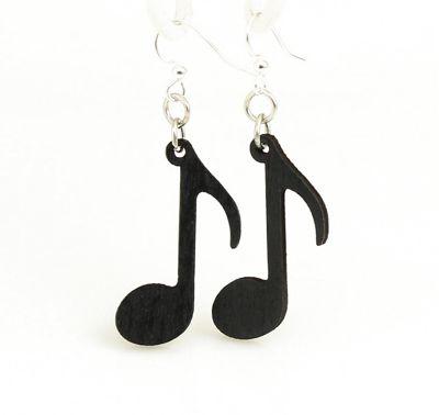 Stylish Music Note Earrings made from sustainably sourced wood, featuring hypoallergenic stainless steel ear wires in Black Satin color.