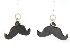 A pair of quirky mustache earrings made from sustainably sourced wood, featuring silver-finished stainless steel ear wires.