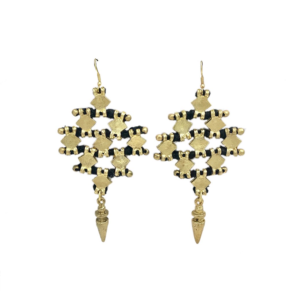 Nadu Tribal Earrings featuring bold diamond shape, handcrafted with metal beads and cotton thread, showcasing traditional Indian design.