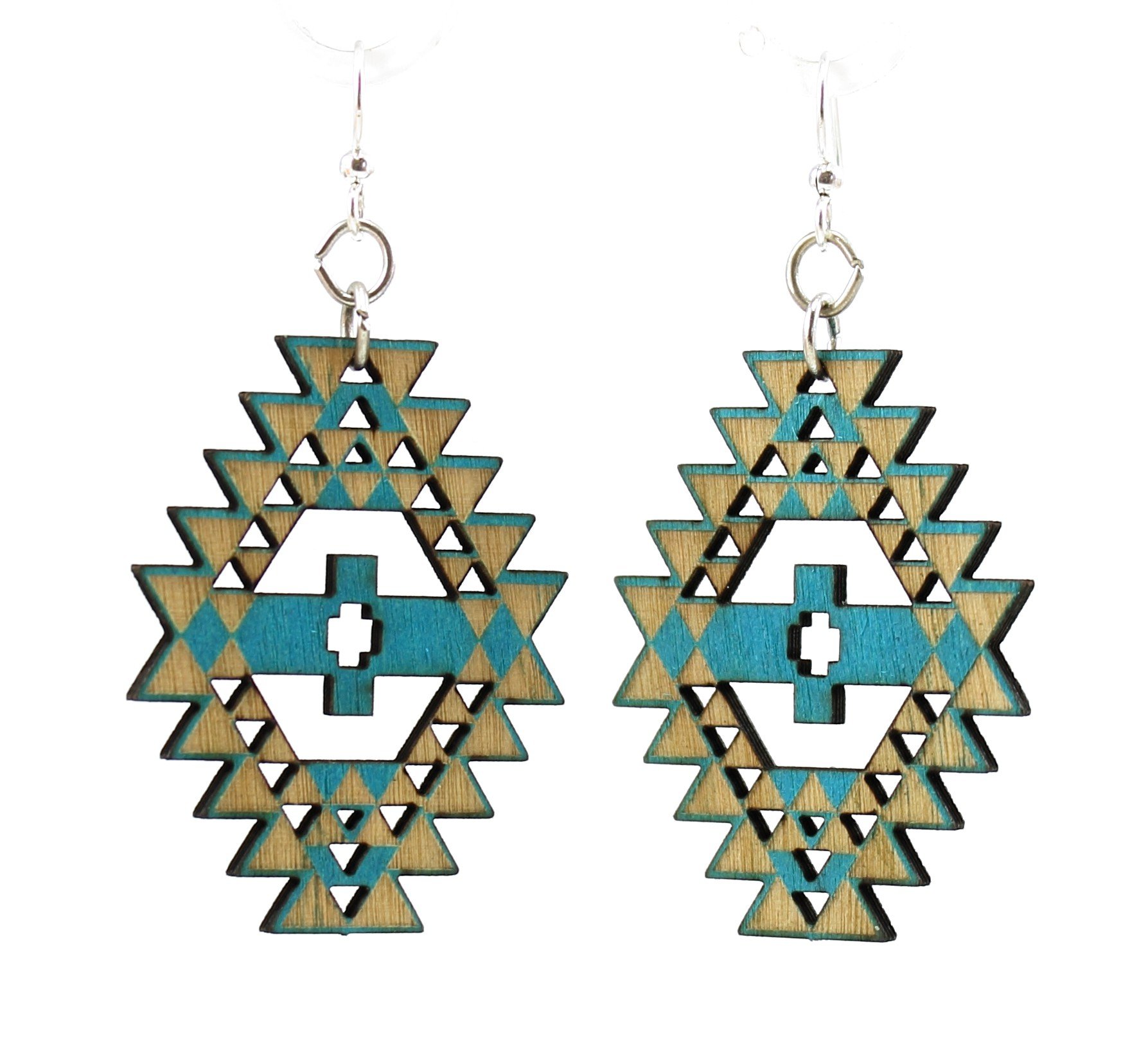 Aqua Marine Navajo Earrings #1600 made from sustainably sourced wood with silver-finished stainless steel ear wires, showcasing intricate laser-cut designs.