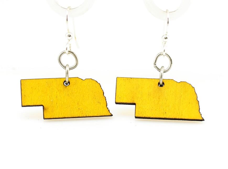 Nebraska State Earrings - S027 made from lightweight wood, featuring a vibrant yellow color and hypoallergenic silver-finished ear wires.