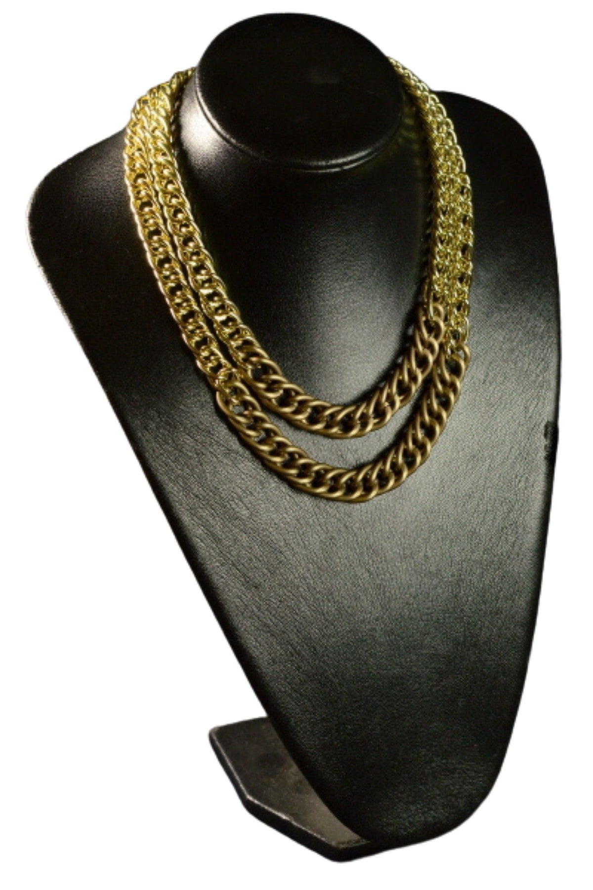 Two tone colored double chain necklace with lobster claw clasp and extender, showcasing a stylish layered design.