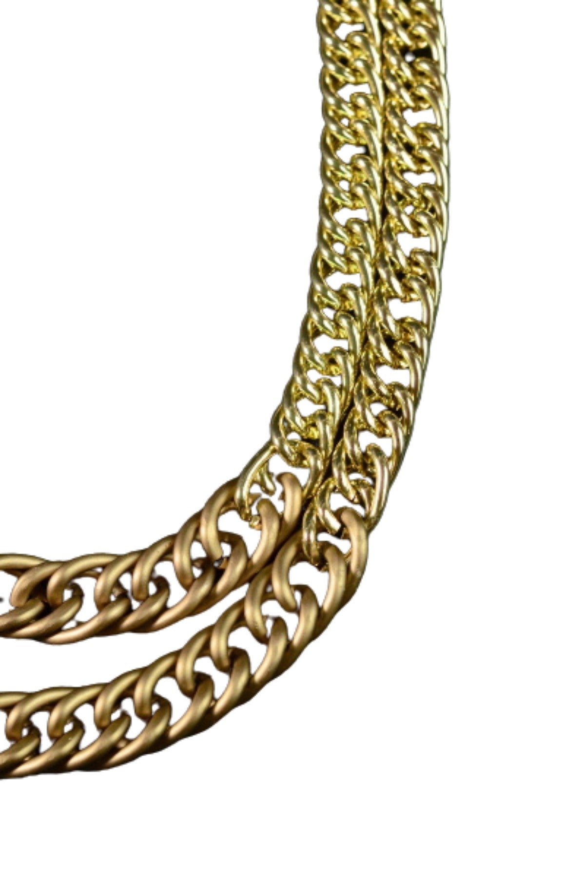 Two tone colored double chain necklace with lobster claw clasp and extender, showcasing a stylish layered design.