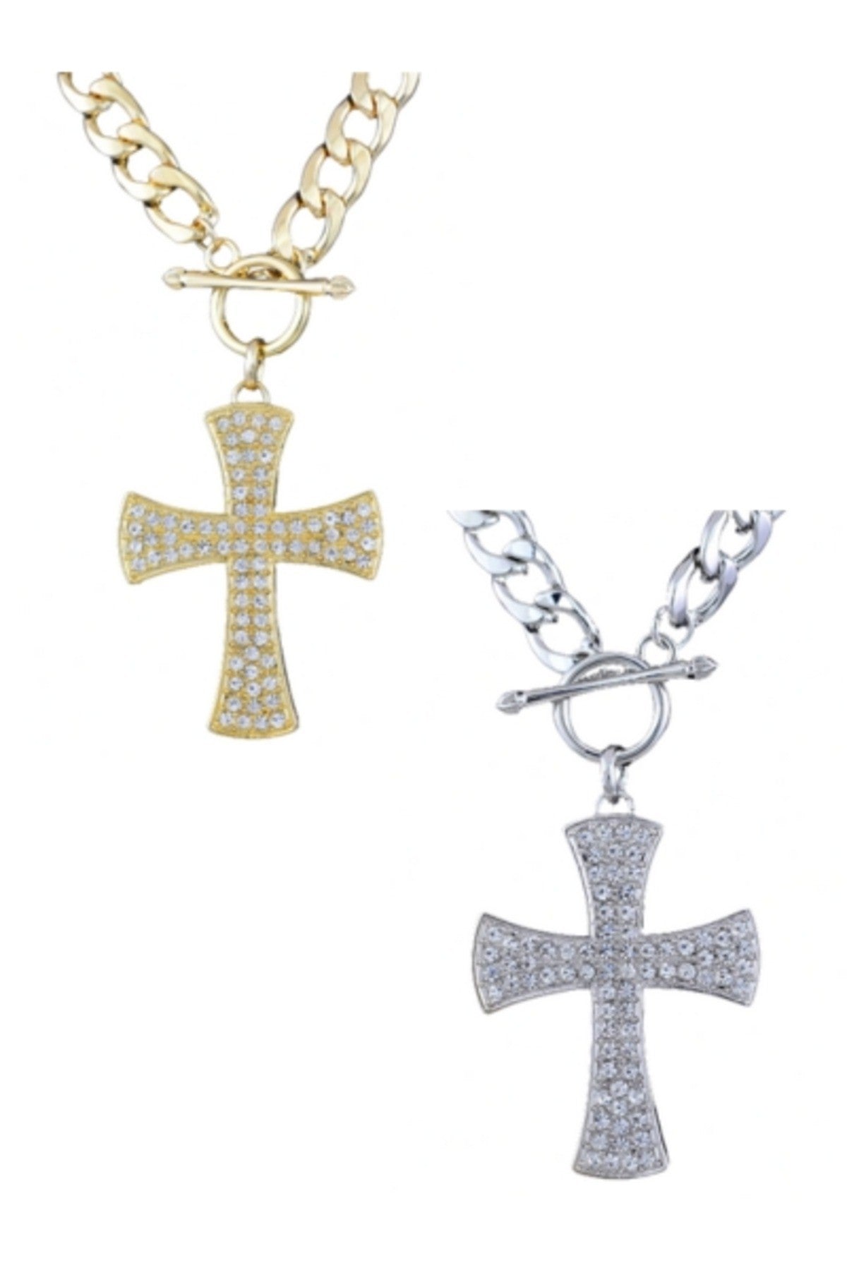 A beautiful crystal cross chain necklace with a 20-inch chain and a 2 1/4-inch drop pendant, showcasing elegant craftsmanship.