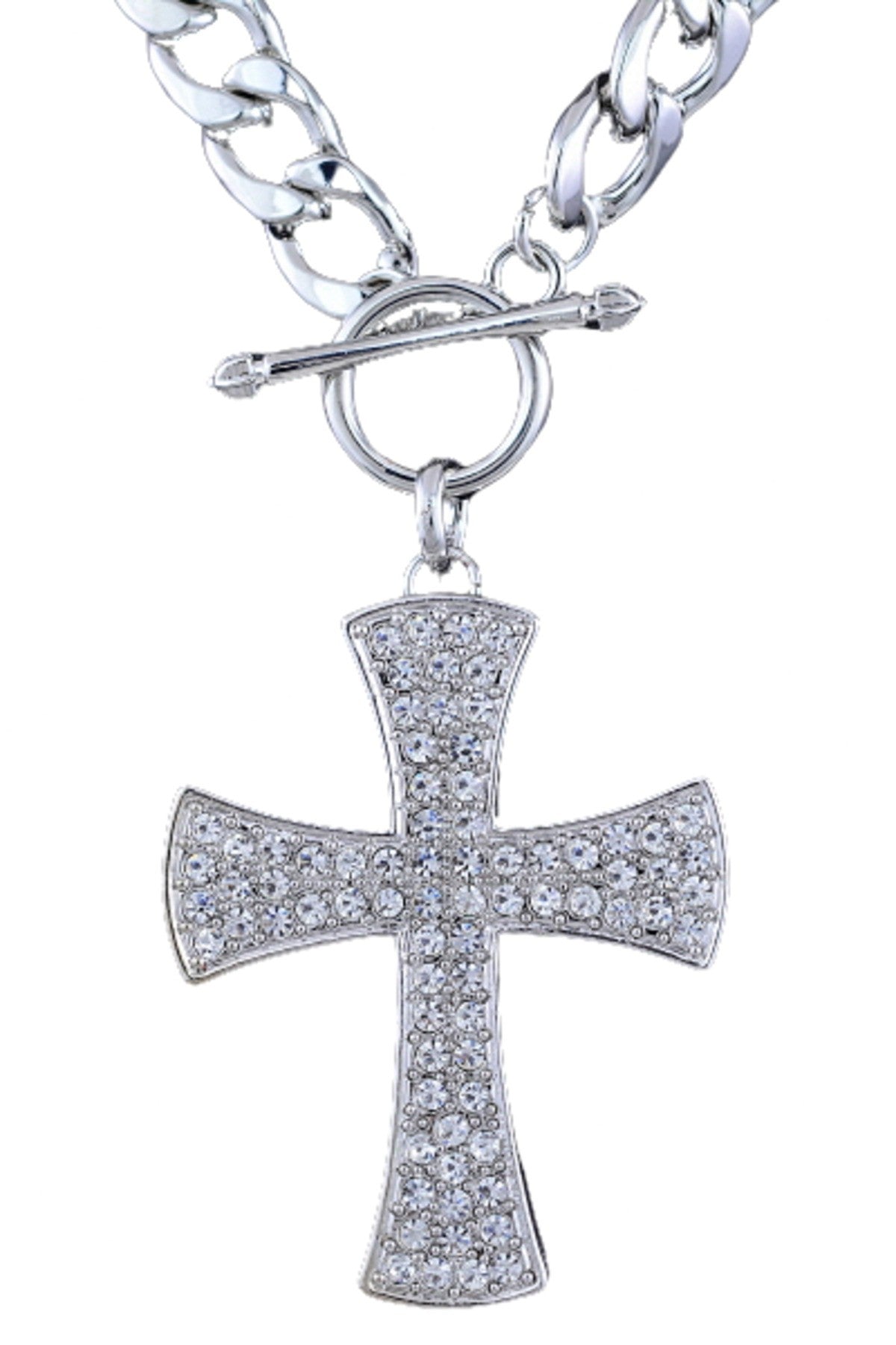 A beautiful crystal cross chain necklace with a 20-inch chain and a 2 1/4-inch drop pendant, showcasing elegant craftsmanship.