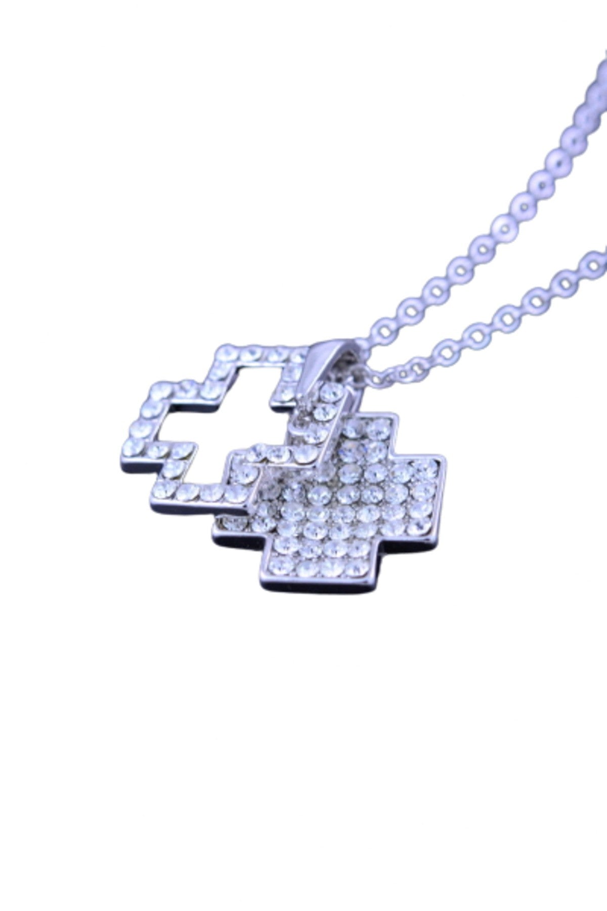 Layered crystal cross pendant necklace with double plating and adjustable chain, featuring a lobster claw clasp.