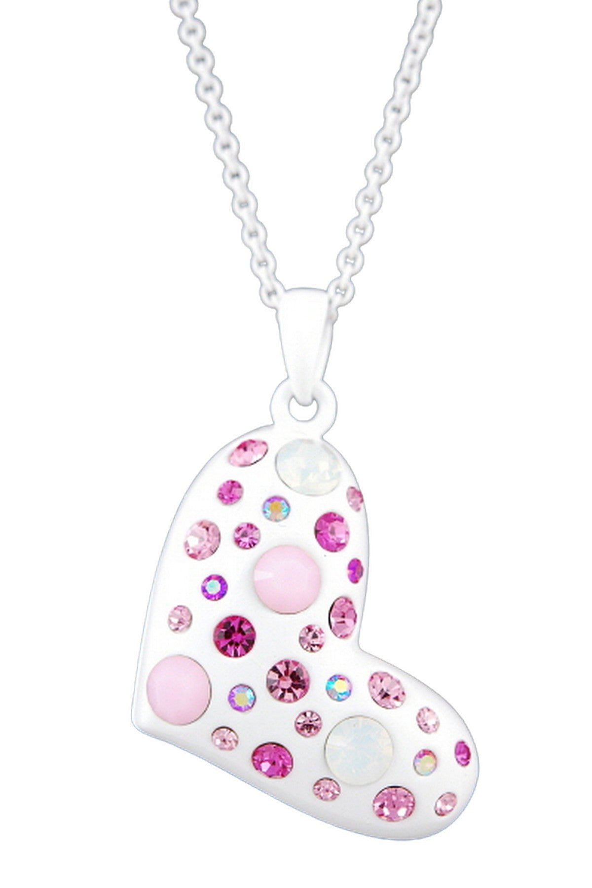 A pink studded heart necklace with a 23-inch chain and a 1.5-inch drop pendant, featuring a lobster claw clasp.