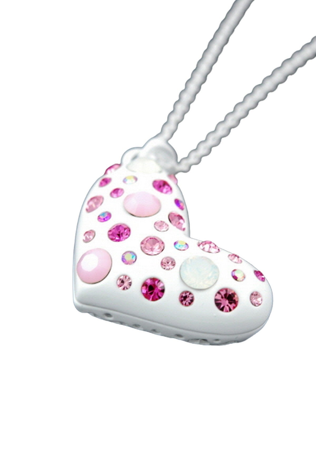 A pink studded heart necklace with a 23-inch chain and a 1.5-inch drop pendant, featuring a lobster claw clasp.