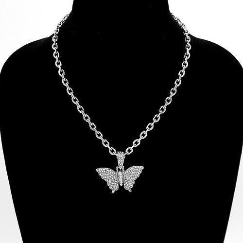 A beautiful rhinestone buttery pendant necklace featuring a sparkling design, adjustable length, and a lobster claw clasp.