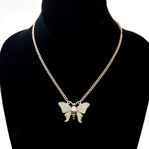 Elegant rhinestone buttery pendant necklace with adjustable length and lobster claw clasp.