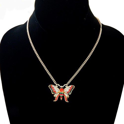 Elegant rhinestone buttery pendant necklace with adjustable length and lobster claw clasp.