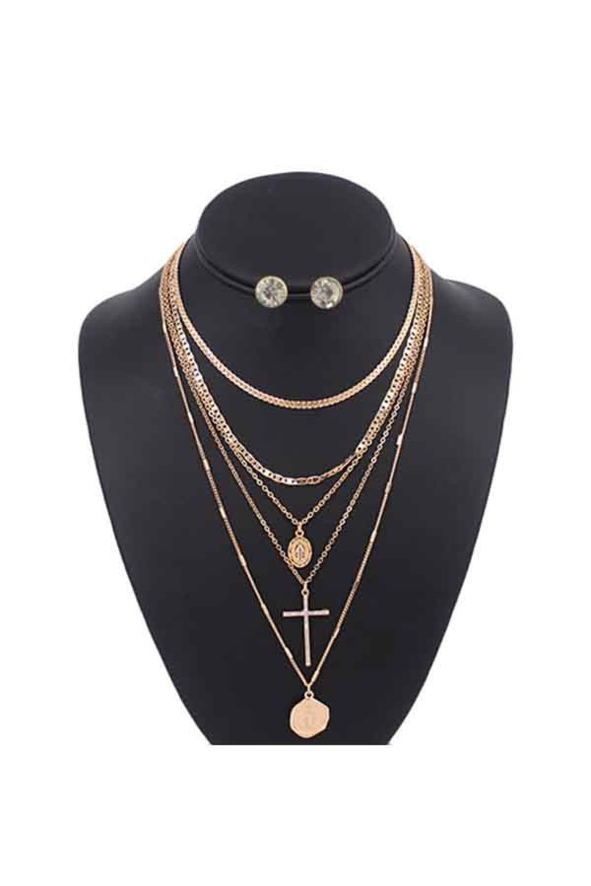 Five-layer religious necklace set featuring adjustable lengths and a lobster claw clasp, designed for elegance and faith.