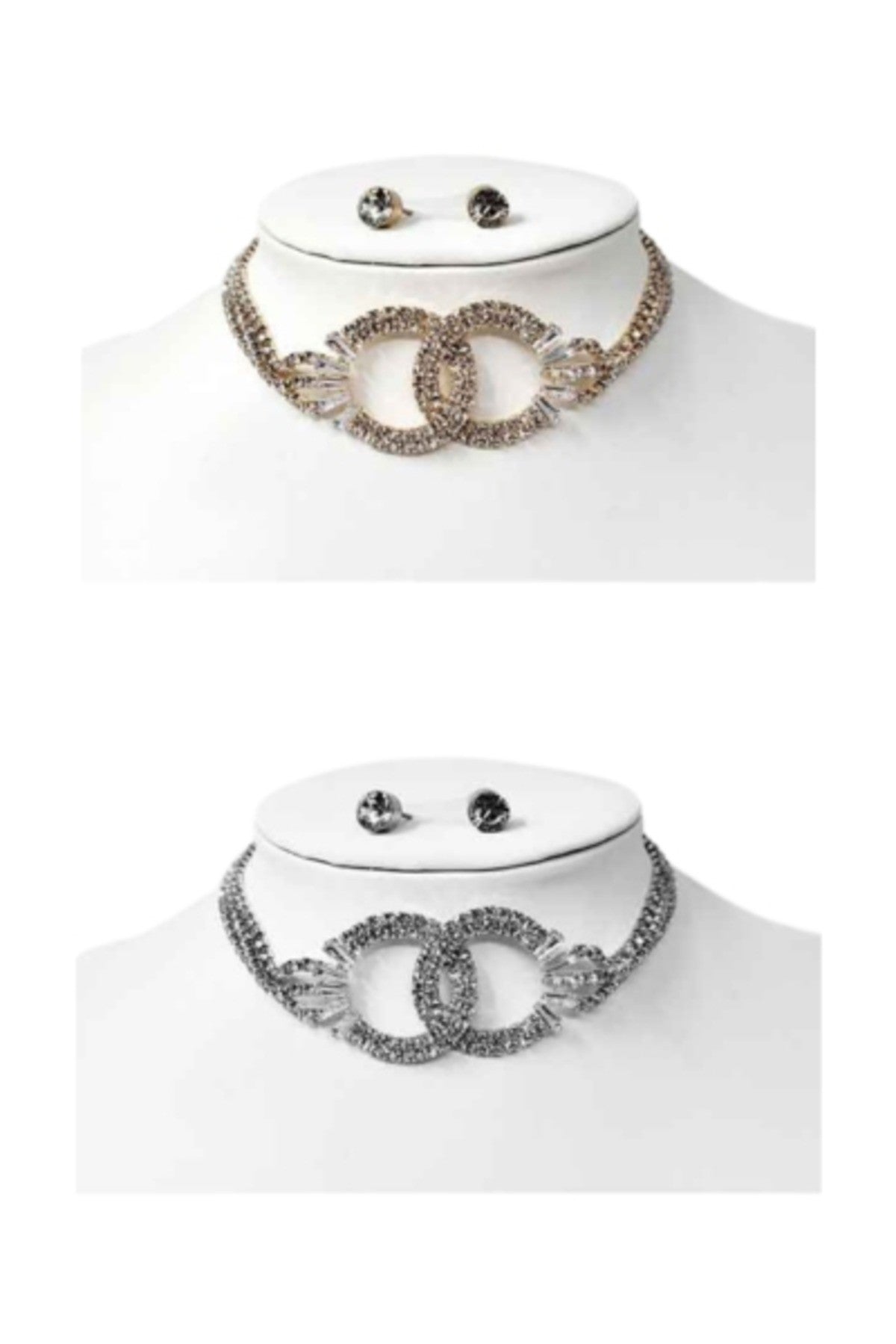 Elegant crystal double round choker necklace with adjustable length and lobster claw clasp.