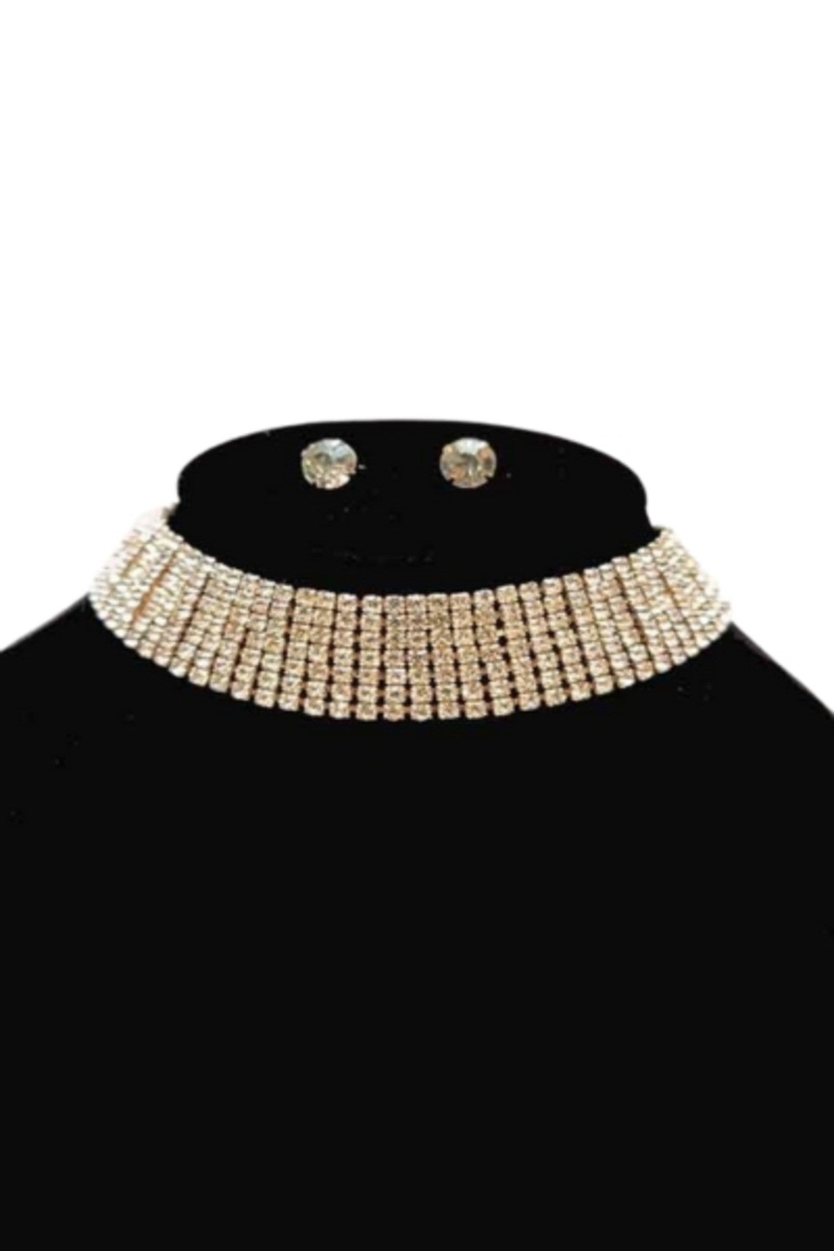 Elegant crystal choker necklace set with seven lines, featuring a lobster claw clasp and extender.