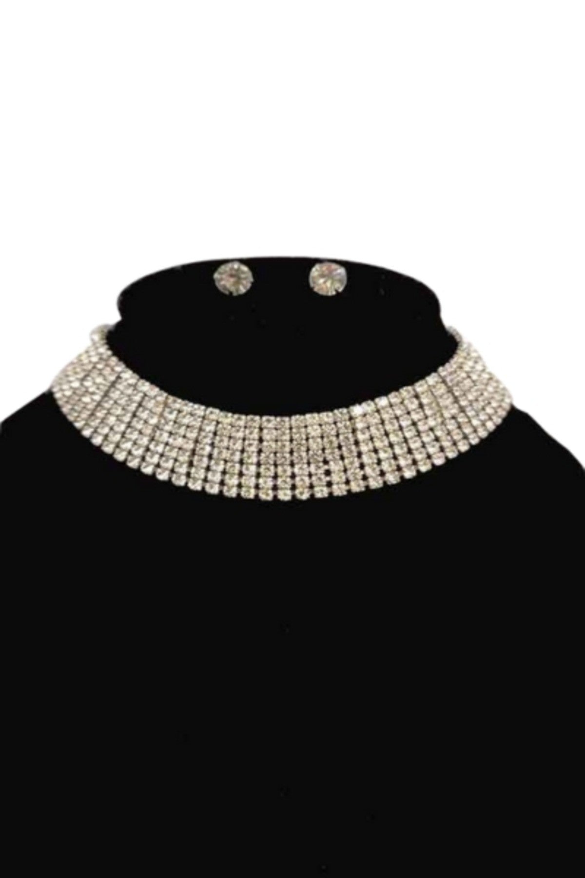 Elegant crystal choker necklace set with seven lines, featuring a lobster claw clasp and extender.