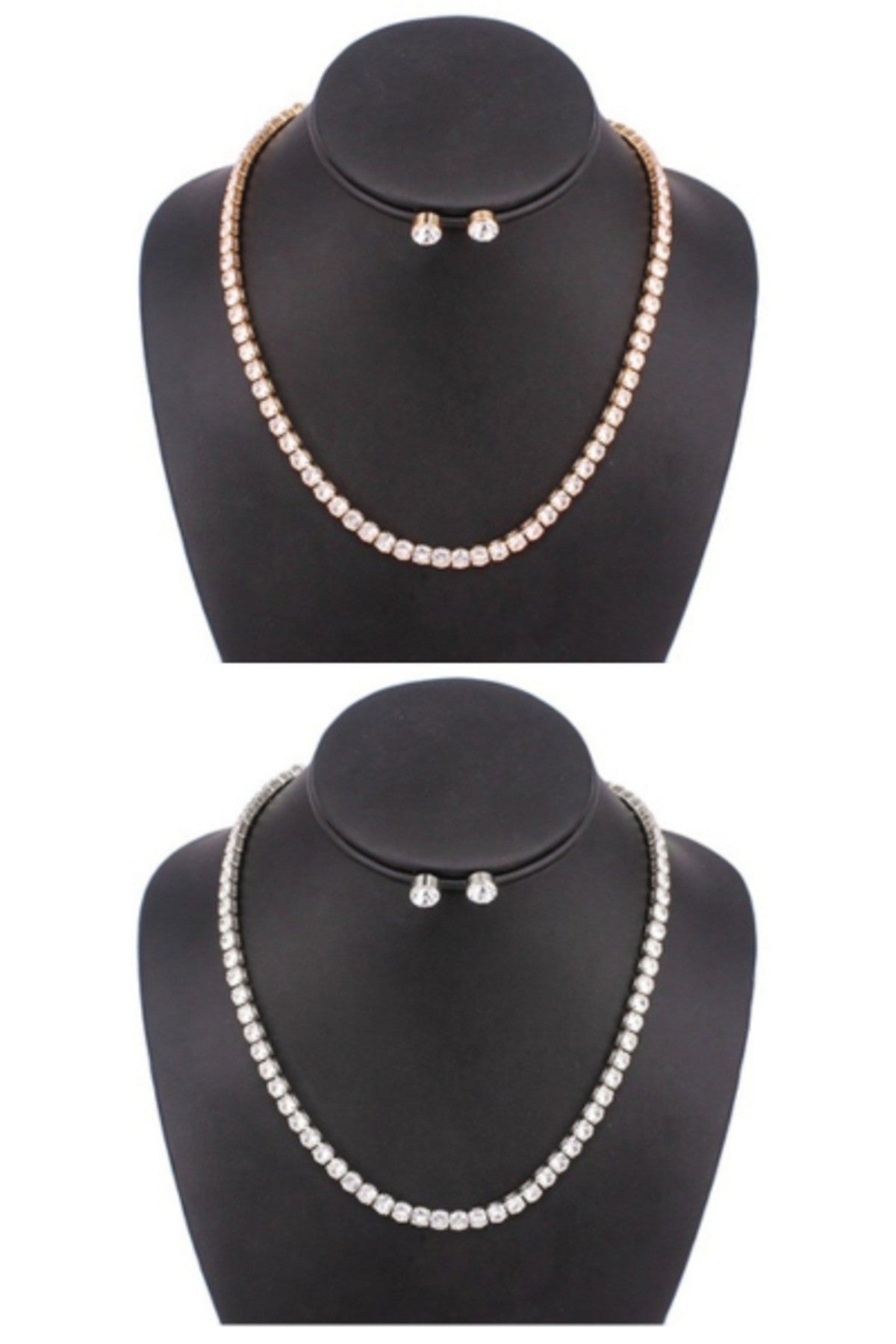 Elegant necklace set featuring full cubic zirconia stones, adjustable length, and a secure lobster claw clasp.