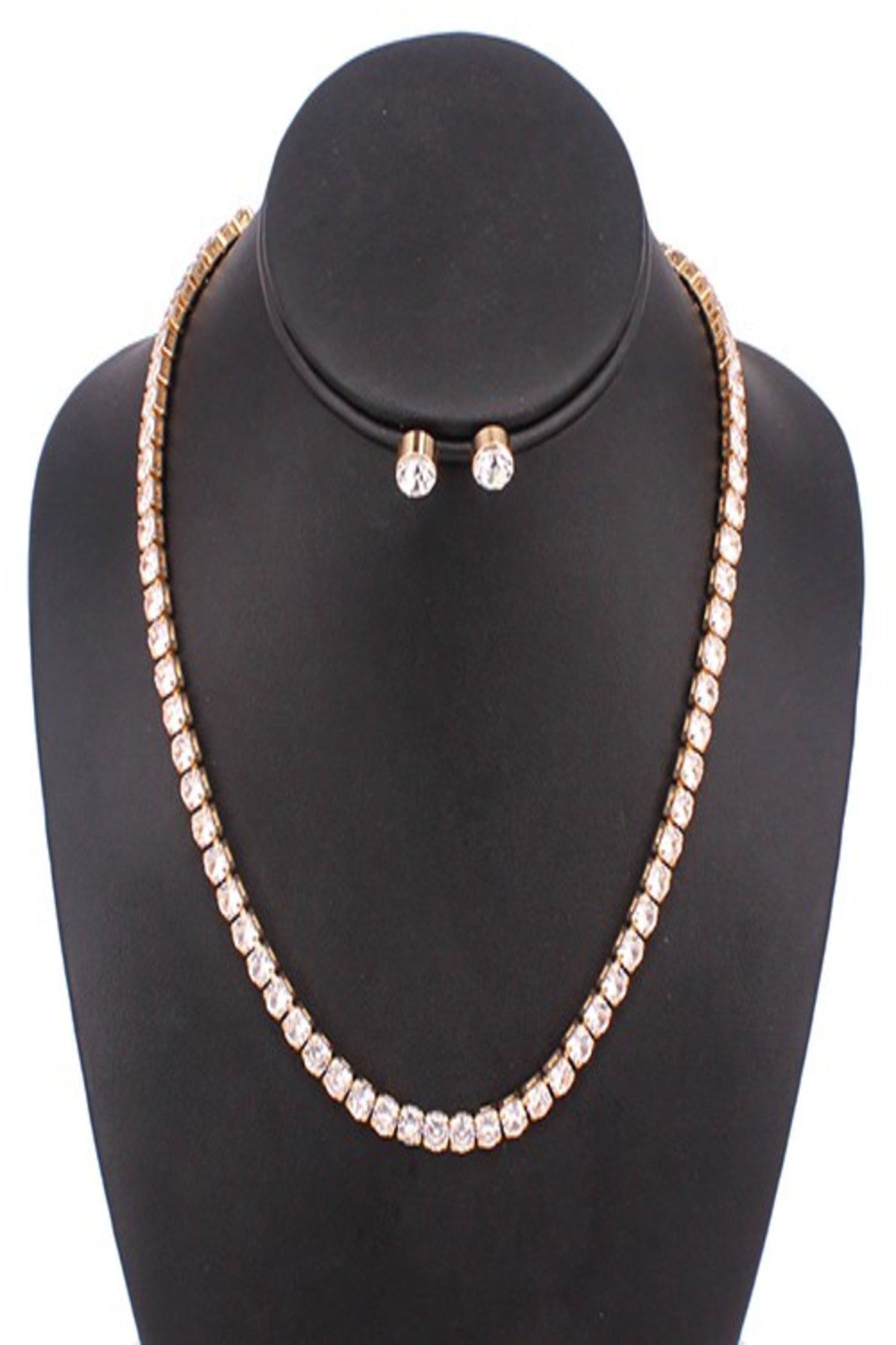 Elegant necklace set featuring full cubic zirconia stones, adjustable length, and a secure lobster claw clasp.