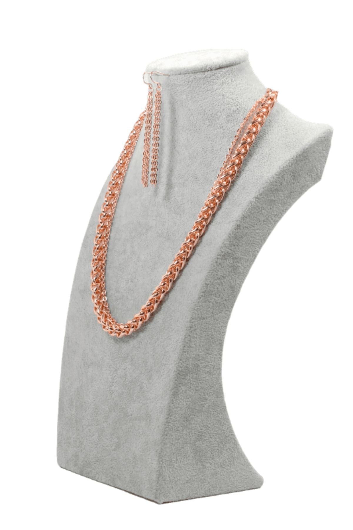 Elegant women's necklace with matching earrings in gold, white gold, and rose gold plating, featuring a stylish 2-layered chain design.