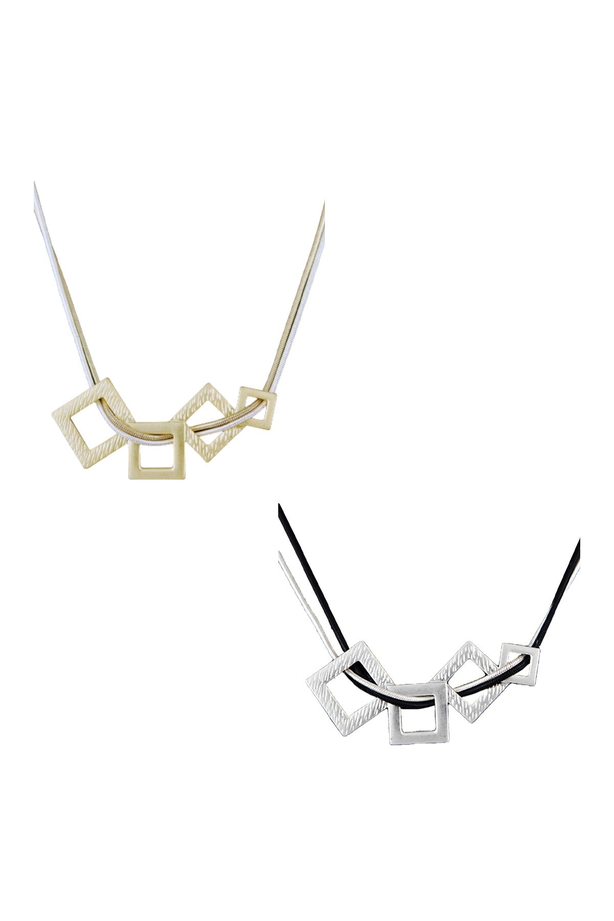 Cut out square link pendant necklace with double metal chains, featuring a lobster claw clasp and extender, elegantly displayed.